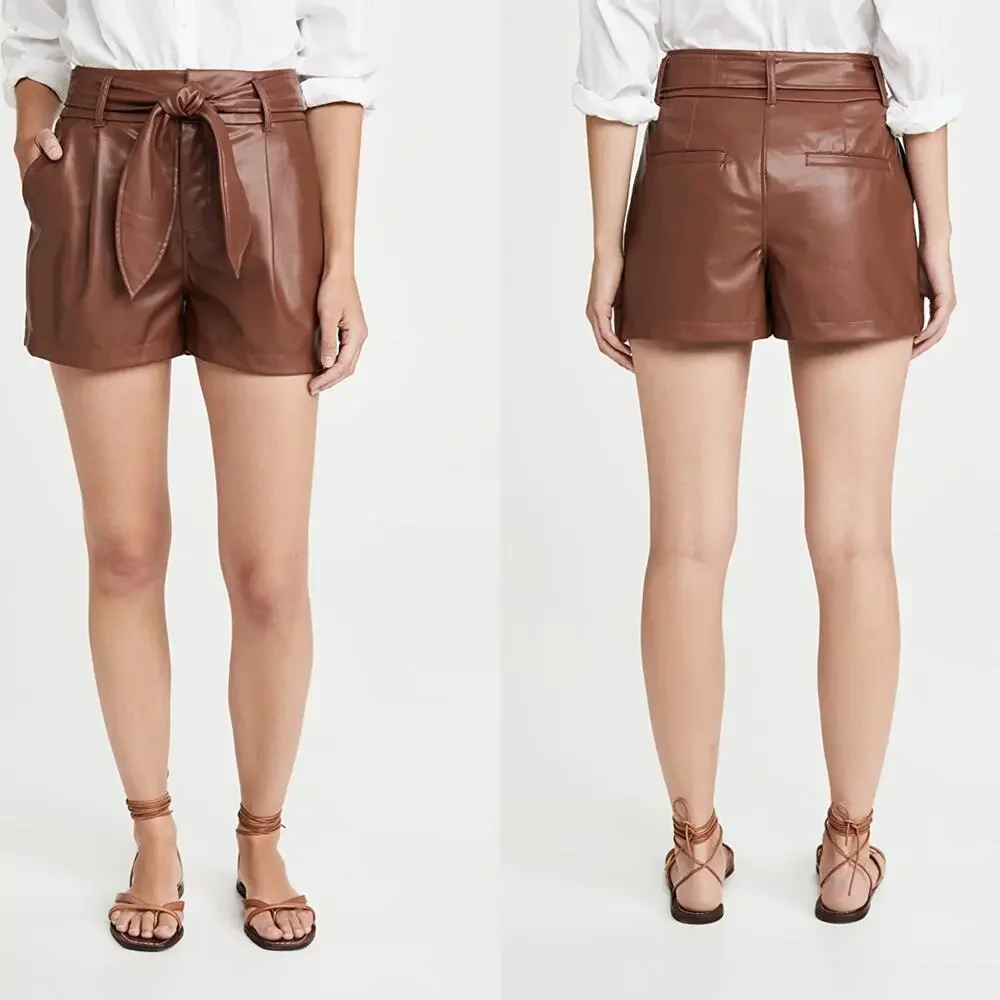 David Lerner Short Faux Leather NWT Lexi Bow Belted Cognac Brown 8 High Waist - Picture 1 of 4